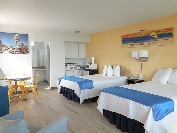 Our gulf front room has a shared balcony over looking the Gulf of Mexico as well as a dining area and kitchenette.